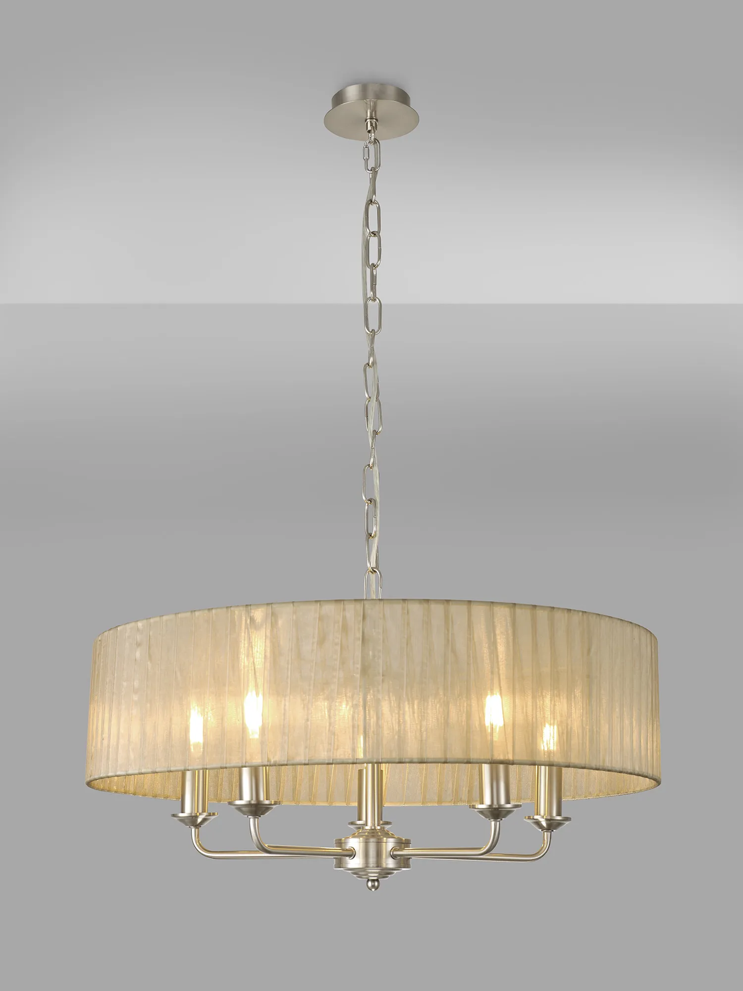 Banyan 5 Light Multi Arm Pendant With 60cm x 15cm Organza Shade Satin Nickel/Soft Bronze DK0878  Deco Banyan SN SB